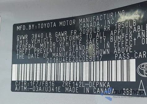 2013 Toyota Corolla Le из США, поврежденный, VIN 2T1BU4EE2DC069017